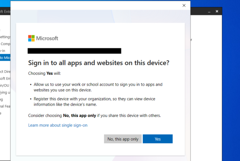 Device sign-in prompt with No, this app only