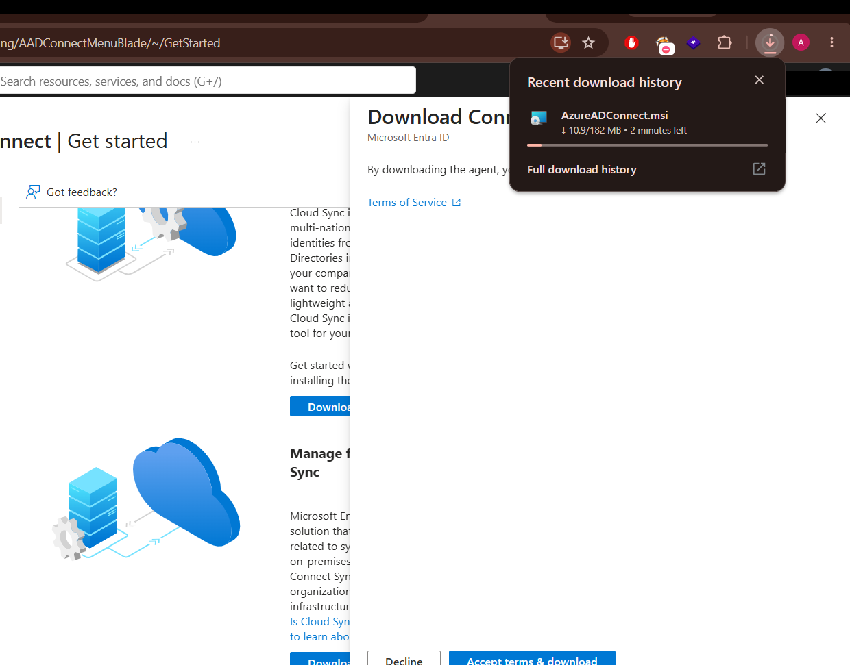 Download panel for AzureADConnect.msi