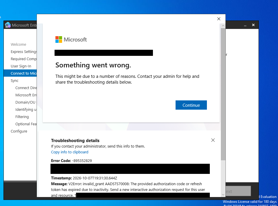 AADSTS70008 error window