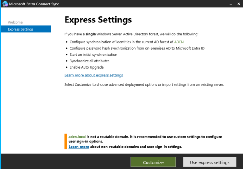 Express Settings page with the non-routable domain warning