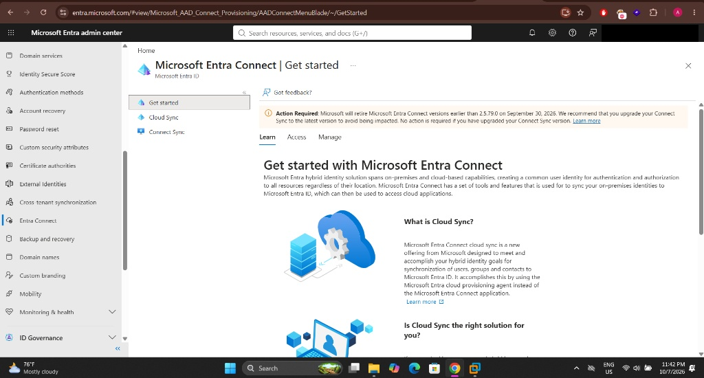 Entra Connect Get started page