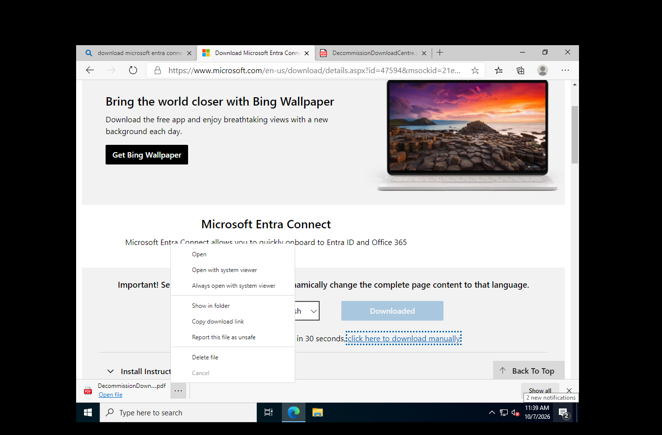 Edge showing the old Download Center page