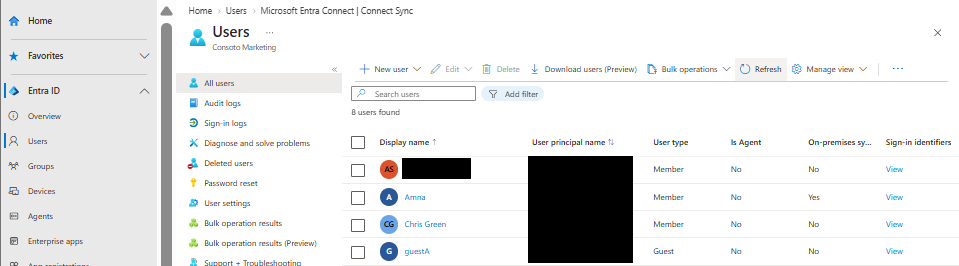 Users list with one synced user