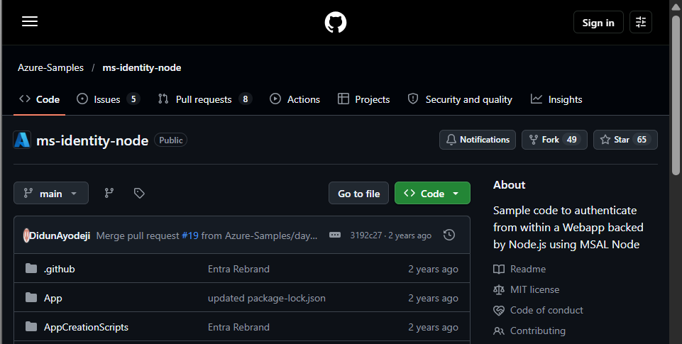 ms-identity-node repository on GitHub