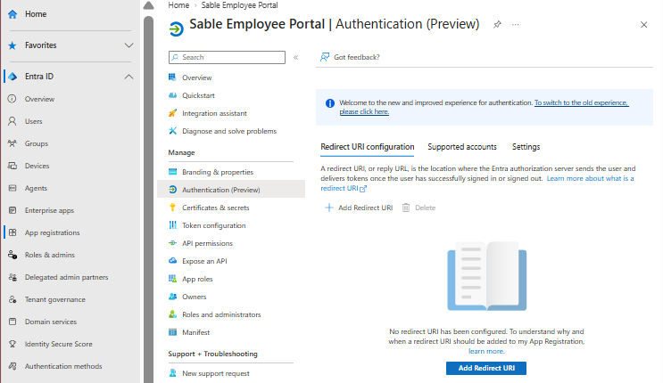 Authentication page with no redirect URI configured