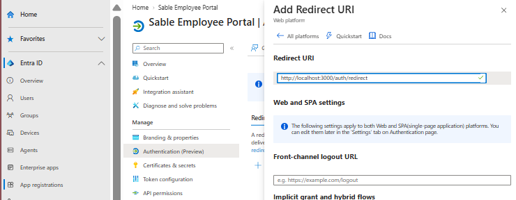 Add Redirect URI panel