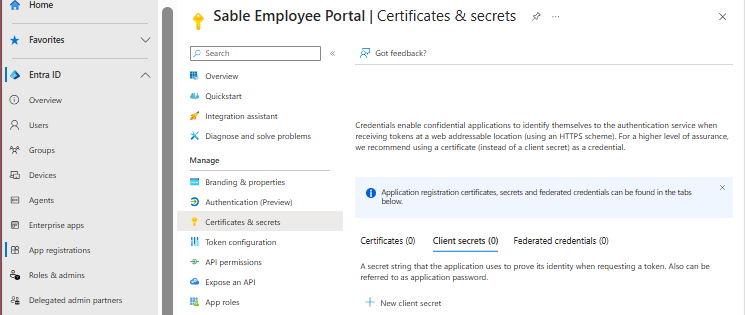 Certificates and secrets page