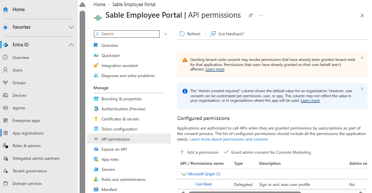 API permissions showing User.Read delegated