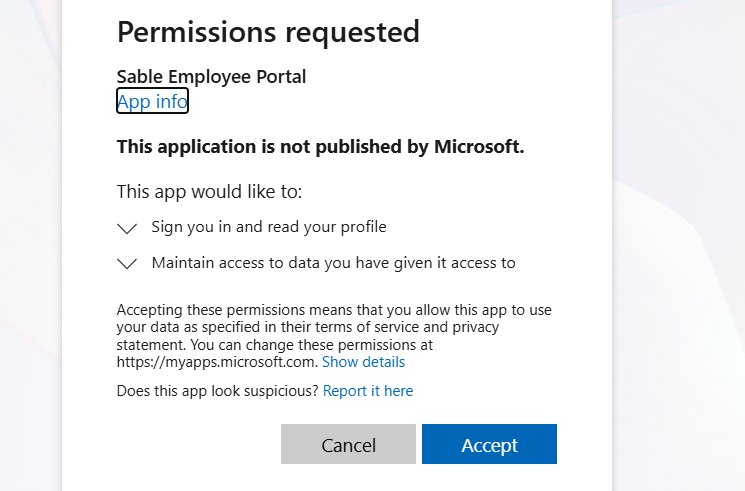 Permissions requested consent prompt