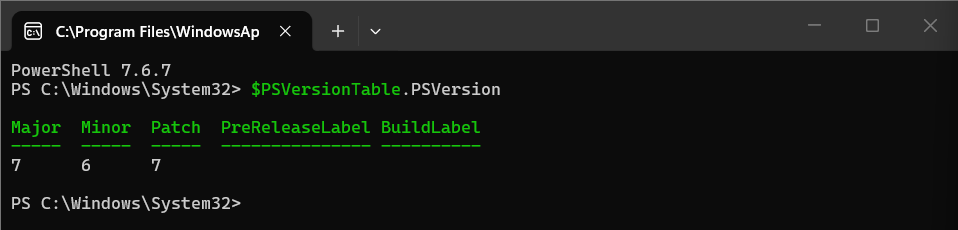 PowerShell version check showing 7.6.7