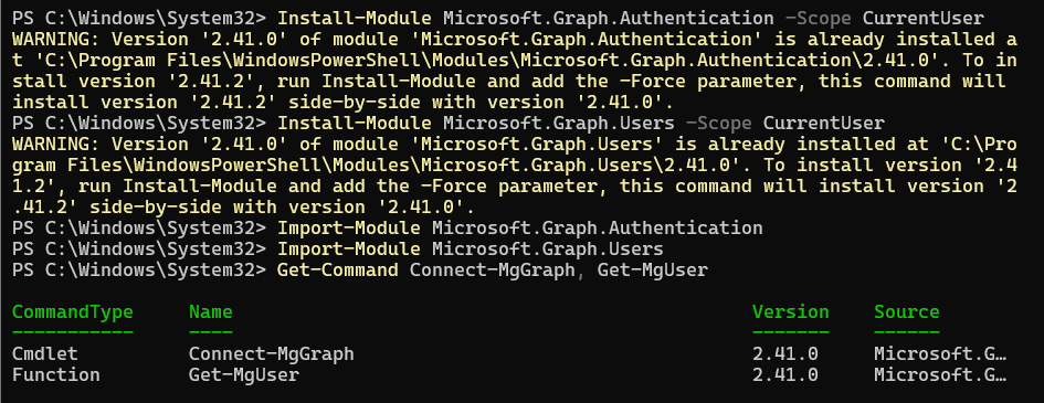 Module installation output and Get-Command result