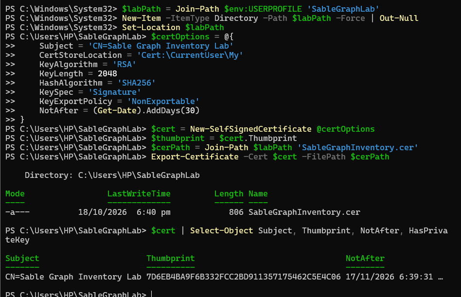 Certificate creation and export