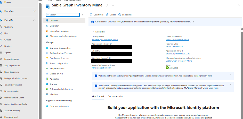App overview page with IDs redacted