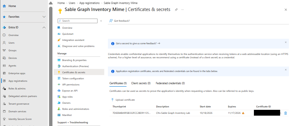 Certificate uploaded to the app