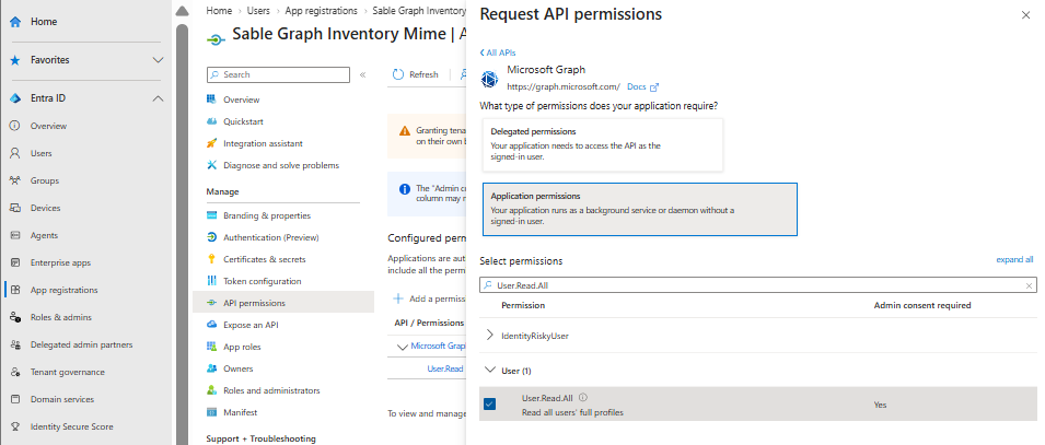 Selecting the User.Read.All application permission