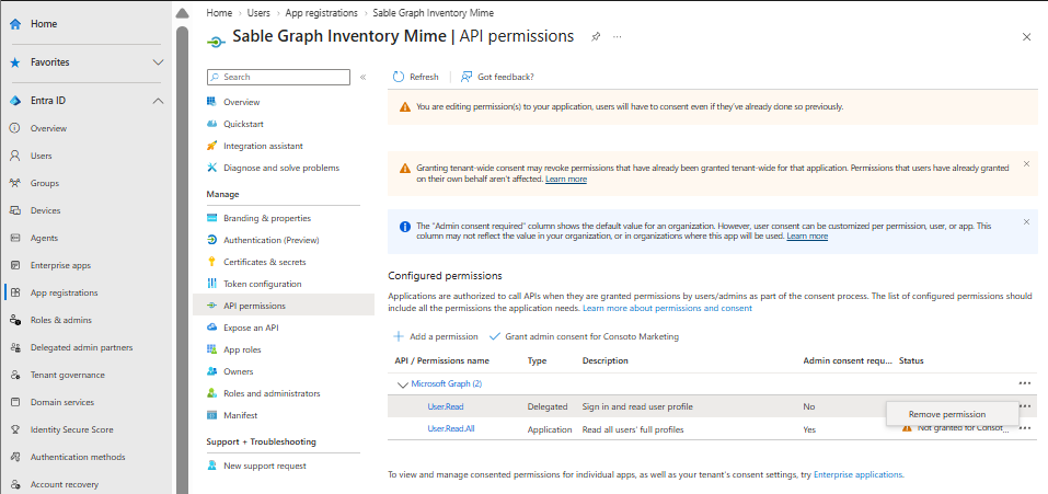 Permission list showing User.Read.All not granted