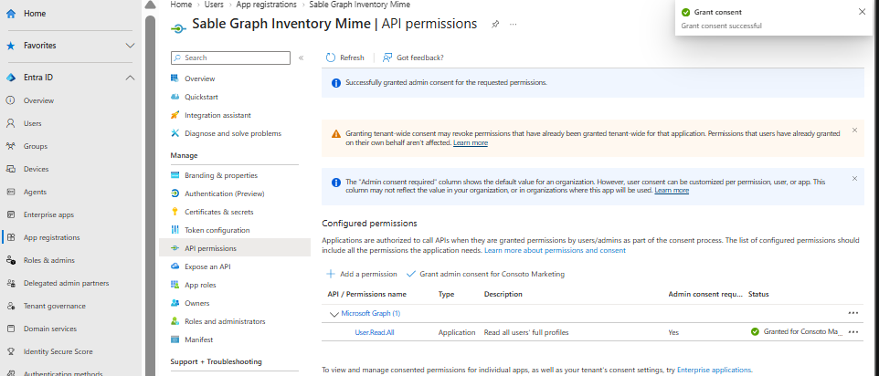 Admin consent granted