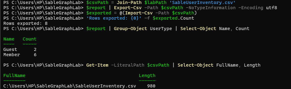 CSV export result with 8 rows