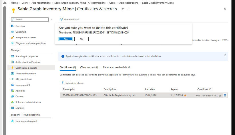 Confirmation to delete the certificate